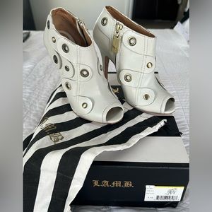 L.A.M.B. Joelle white leather booties
